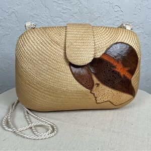 Women’s Vintage Straw Clam Shell Purse Lady Profile Decoration Cord Strap